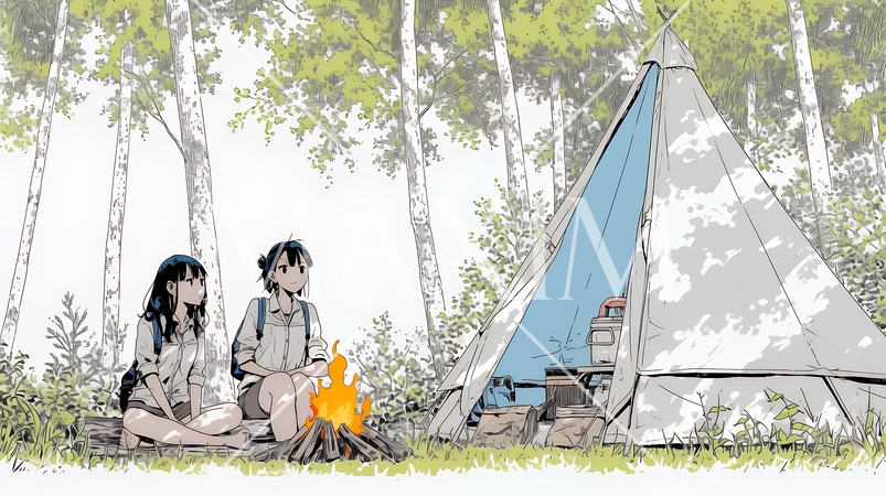 女友達と一緒にテントキャンプを楽しむ若い女性