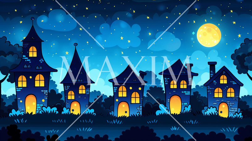 星と月がかわいい街並みを照らしている夜（コミカル）