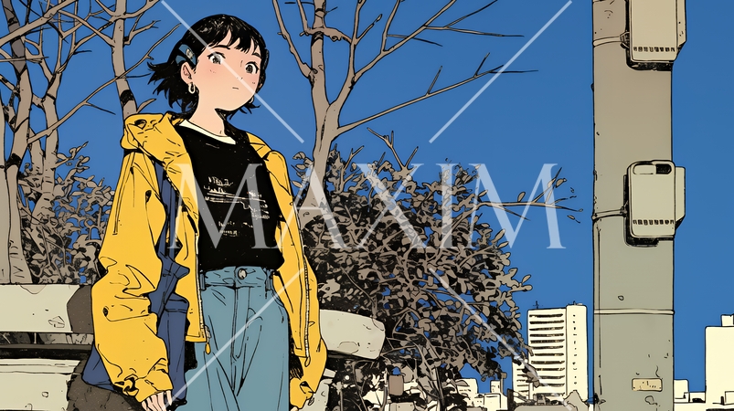 冬枯れの街を歩く若い女性