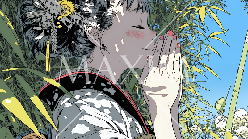 手を合わせてお祈りをしている和服姿の若い女性