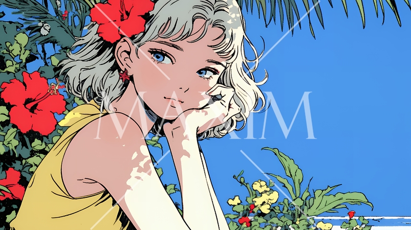 ハイビスカスと若い女性