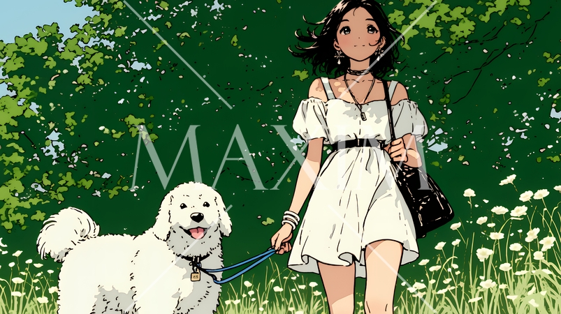 愛犬と散歩している若い女性（シンプルな色使い）