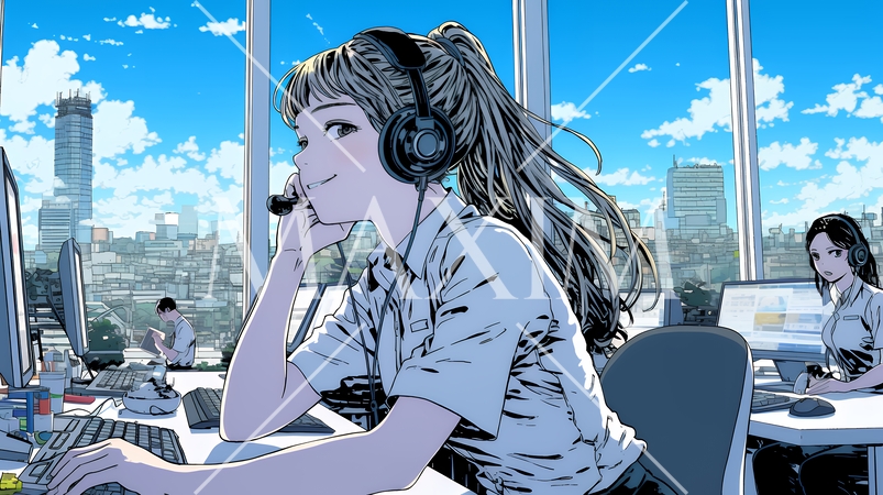 近代的なコールセンターのオフィスで働く女性オペレーター