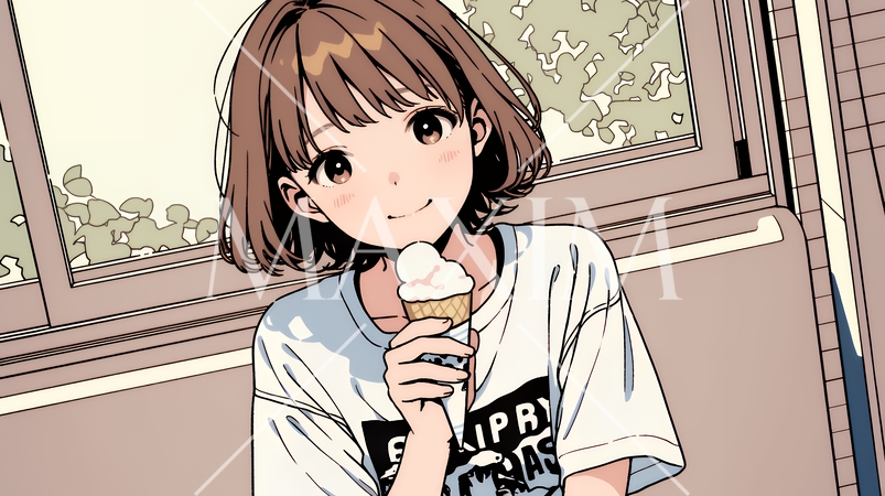 夏空の下でソフトクリーム（コーンに乗ったアイスクリーム）をたべる若い女性