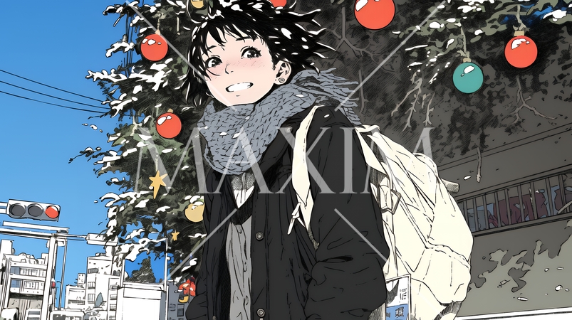 ホワイトクリスマスの街を歩く若い女性