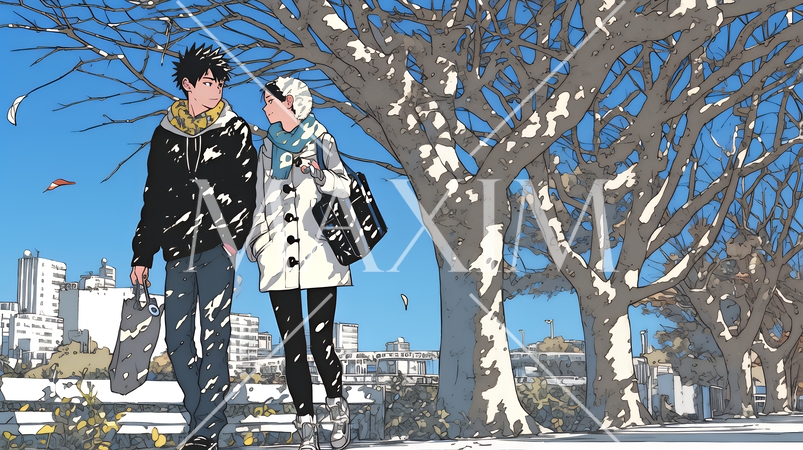 冬枯れ街をデートしている若い恋人たち