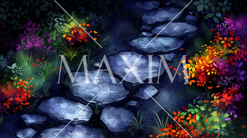 色鮮やかな花が咲く夜の日本庭園の小道