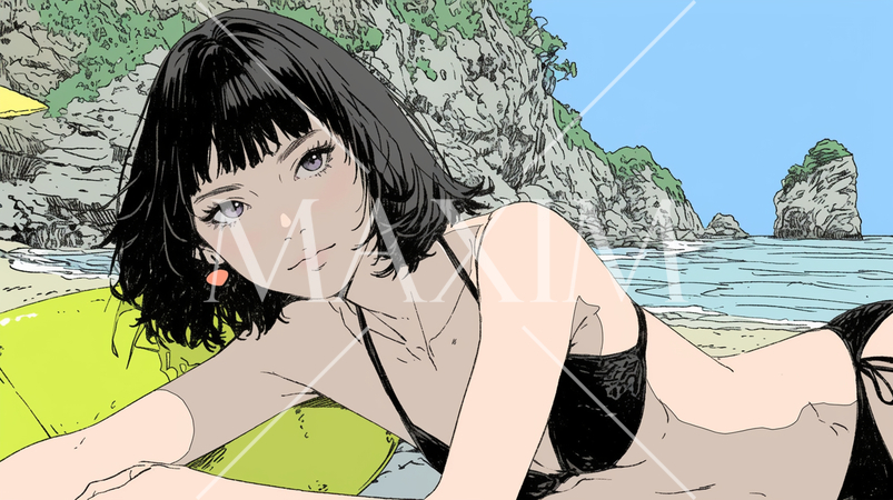 南国の海岸にビキニ姿でいる若い女性