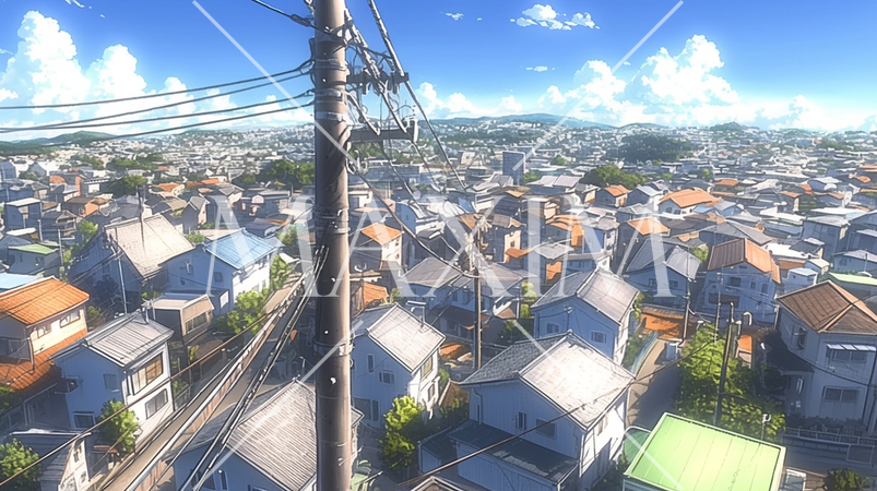 坂の上から眺める住宅街と夏空