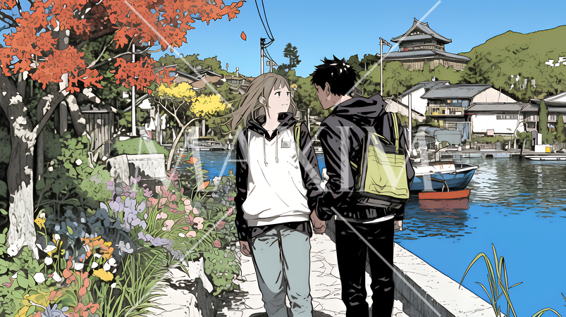 旅先で紅葉観光をしている若いカップル