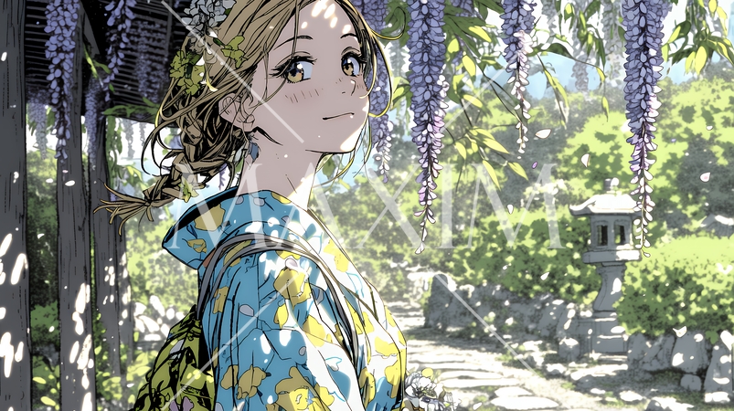 満開の藤の花の下を歩いている若い女性