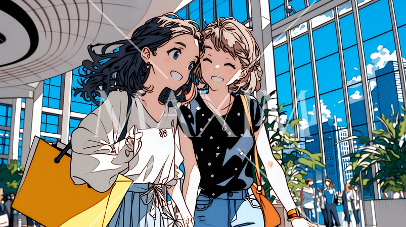 女友達と一緒にショッピングモールを歩き回る若い女性