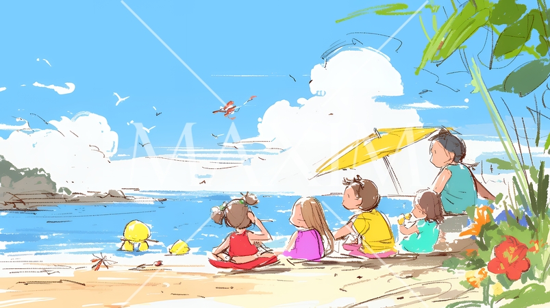 小学生の夏の思い出：海水浴（クレヨン＋水彩画風）