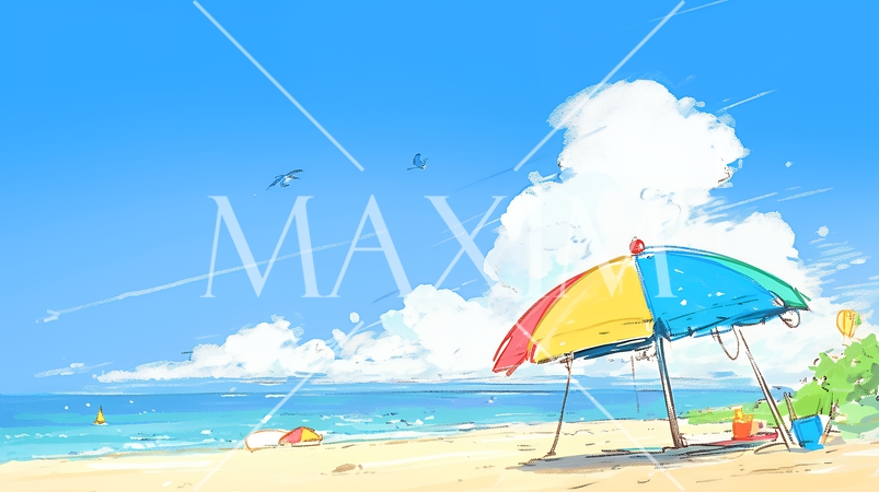 夏の青い空、青い海、白い雲と砂浜のコントラスト（クレヨン＋水彩画風）