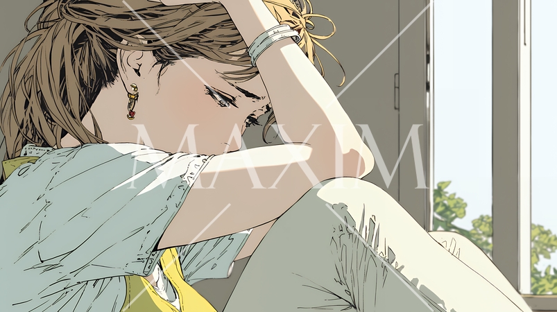 悔しがっている女性：一人座り、後悔と苛立ちをあらわにする苦悩した女性