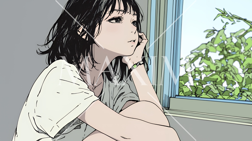 眉をひそめている女性：心配そうに窓の外を見つめている