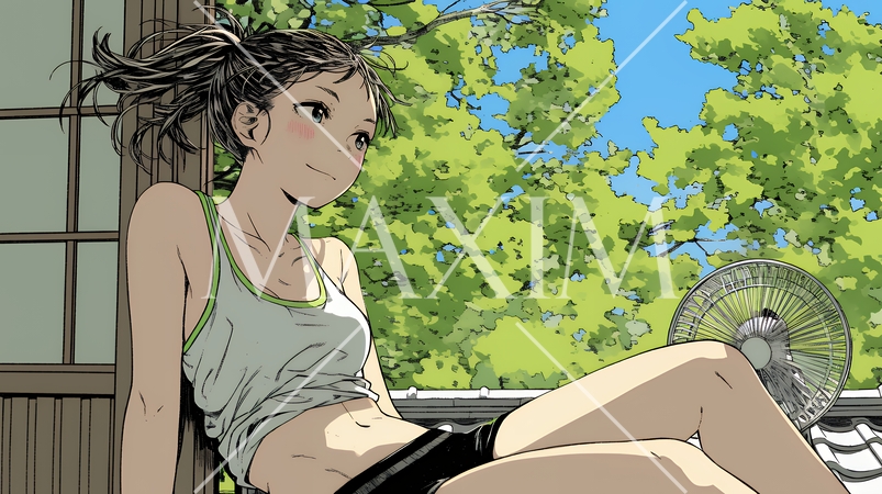 暑い夏の昼下がり、扇風機にあたって涼んでいる若い女性