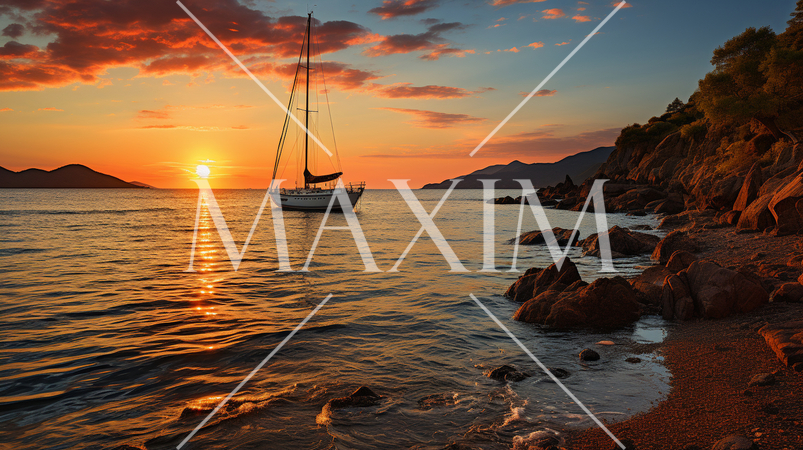 瀬戸内海の夕日とヨット：精緻CG