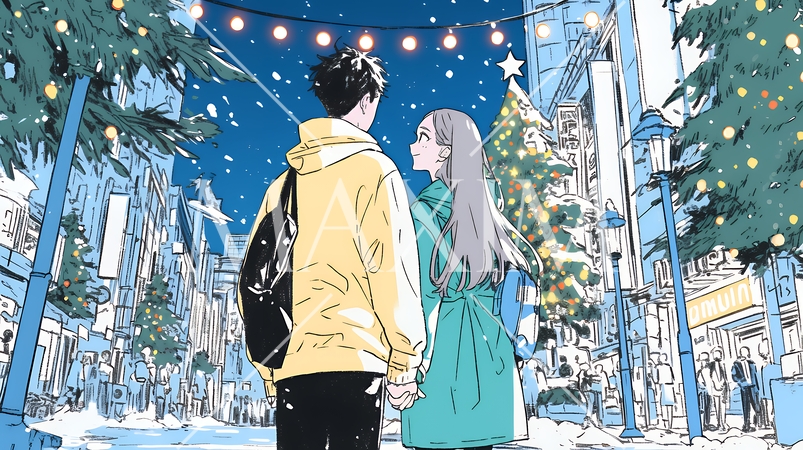 クリスマスイルミネーションの街でデートしているカップル