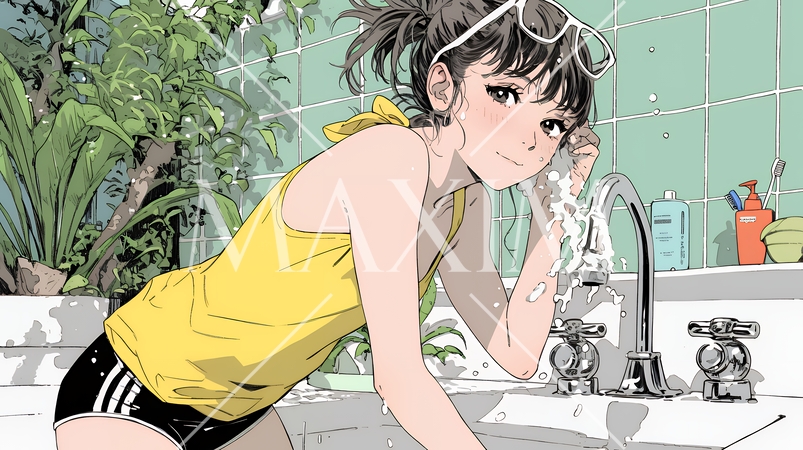 洗面所で朝の洗顔をする女性