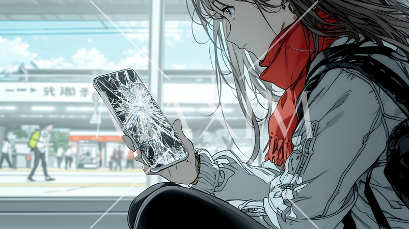 画面が激しく割れているスマートフォンを手にしているいる若い女性