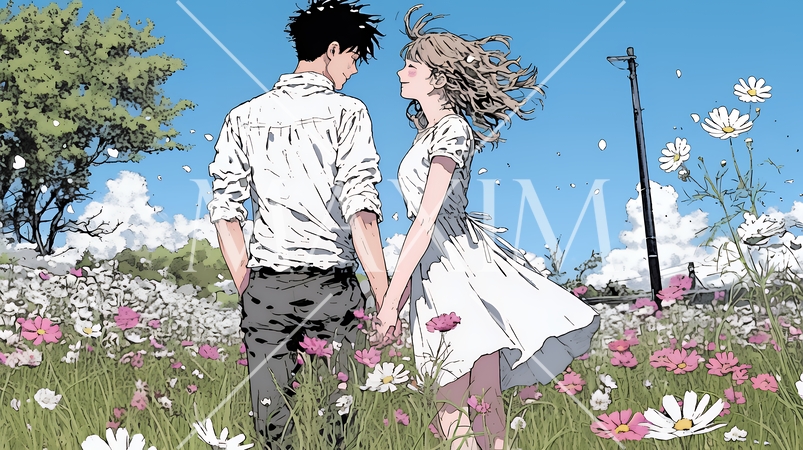 コスモス畑でデートをしている若いカップル