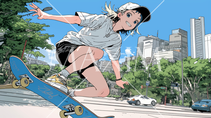 都心の公園でスケートボードを楽しむ若い女性