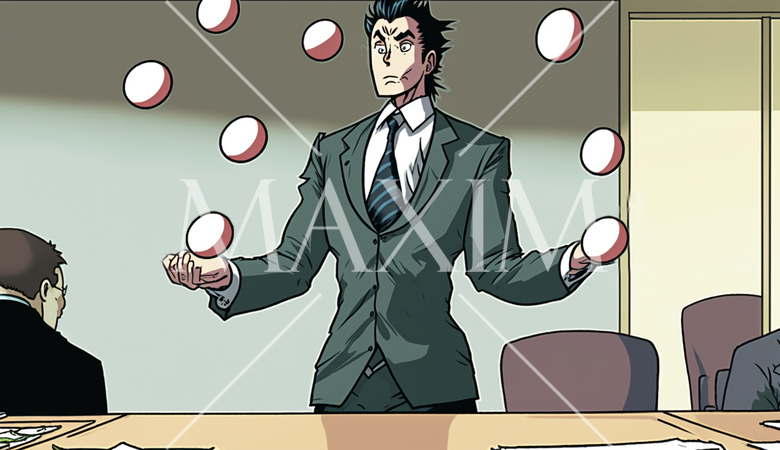 芸は身を助ける：重役会議で説明を仰せつかり、追求され隠し芸のジャグリングでごまかそうとしている。