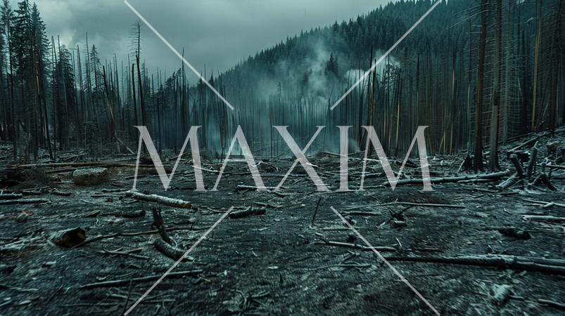 森林破壊の問題を大規模な森林伐採と森林焼却（やけはた農業）のイメージで表現