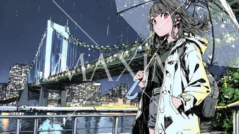 雨の中を歩く女性と都会のランドスケープ