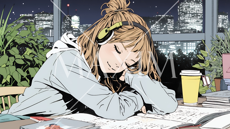 資料（本）を読みながら、うとうと眠ってしまう若い女性