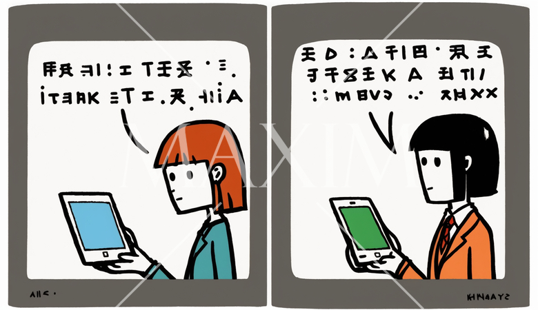 コンピューターと人間の交流：人がデバイスを操作する、情報交換の様子。漫画風。