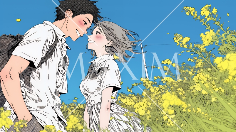 菜の花畑でデートをしている若いカップル