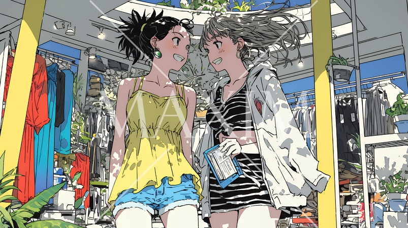 ビーチリゾートのショップで女友達と買物をしている若い女性