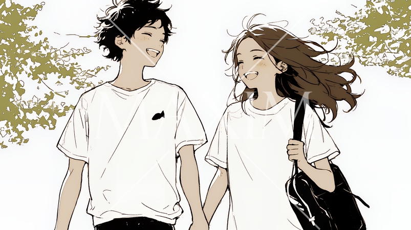 幸せそうなカップル：散歩中（シンプルな色使い）