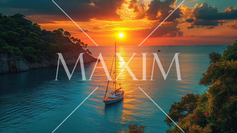 南洋の孤島とヨットと夕日：精緻CG