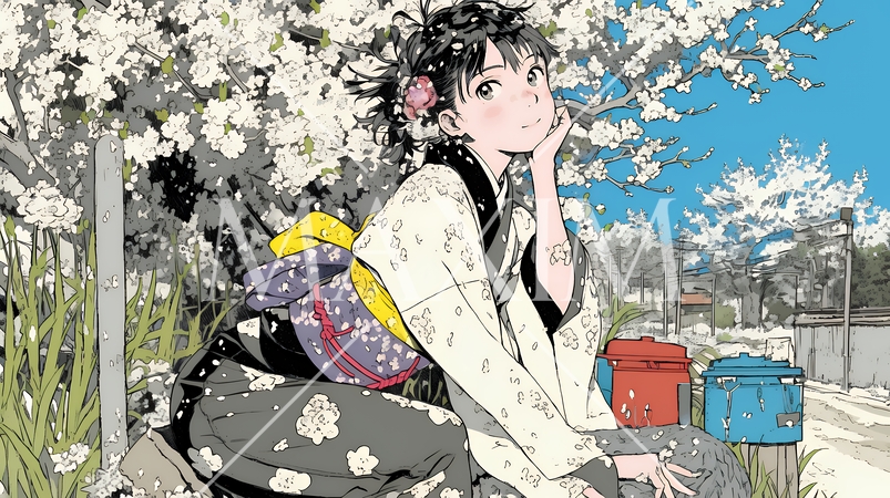 満開の梅の花と和服姿の若い女性