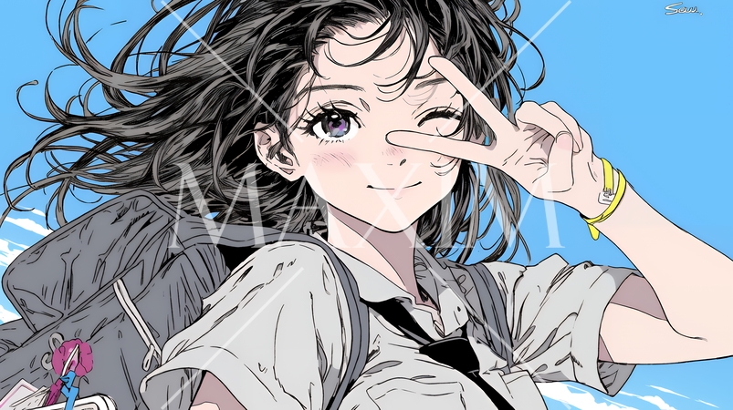 ウィンクしている女性：ピースサイン