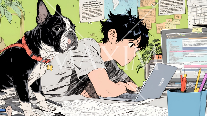 自宅でのリモートワークの場面：ペットのイヌと奮闘中