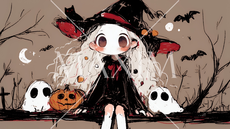 キモかわいいハロウィーンコスプレの女の子（クレヨンと水彩画風）