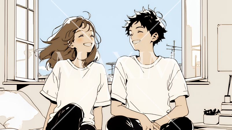 幸せそうなカップル：リビングルームて談笑（シンプルな色使い）