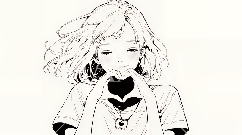 ハートマークを手で作り愛情表現をしている若い女性（シンプルな色使い）