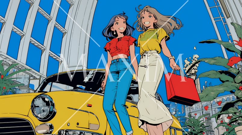 女友達と一緒にショッピングモールを歩き回る若い女性