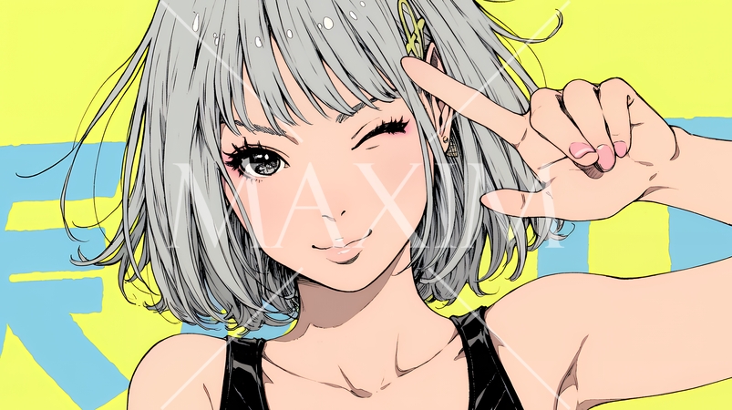 フィンガーガン（指でっぽう）を構えている若い女性