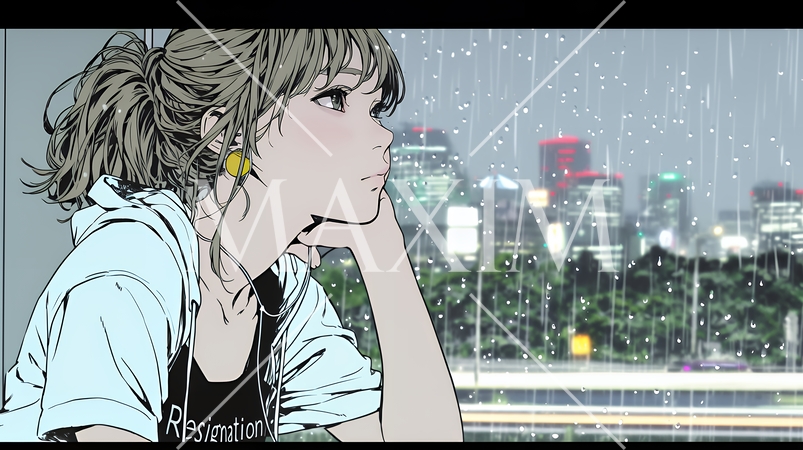 思案・反省・諦め? 窓から流れ落ちる雨粒を見つめる若い女性