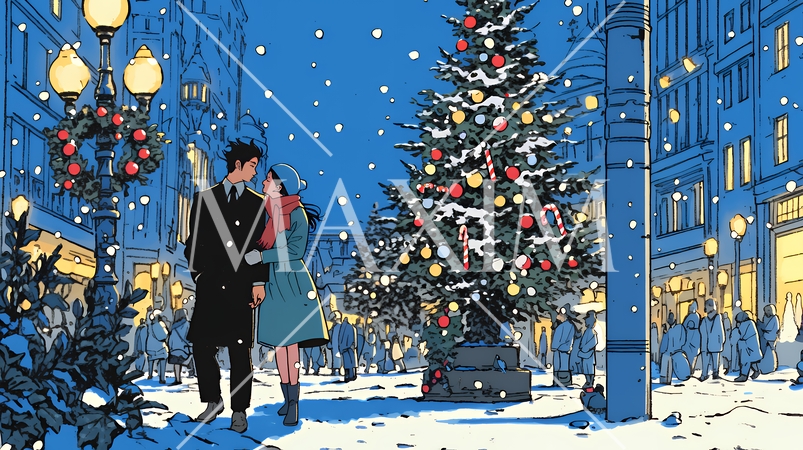 クリスマスイルミネーションの街でデートしているカップル