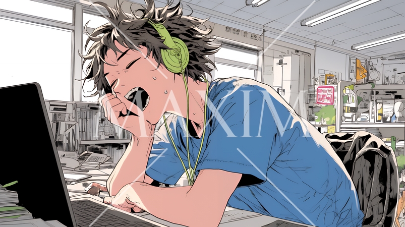 仕事中にあくびをしている若い男性