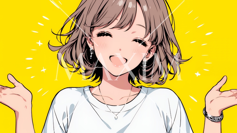 両手を広げて歓迎・驚きの仕草をしている若い女性