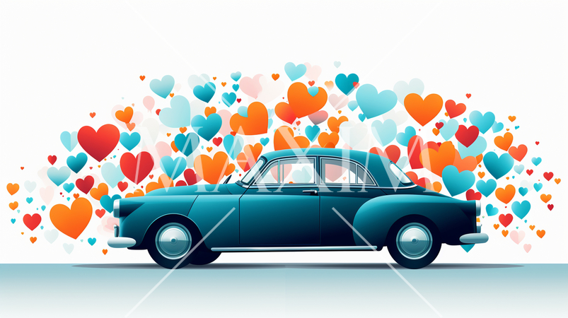 ハートがいっぱいのブライダルカー（騒音防止のため空缶は無し）