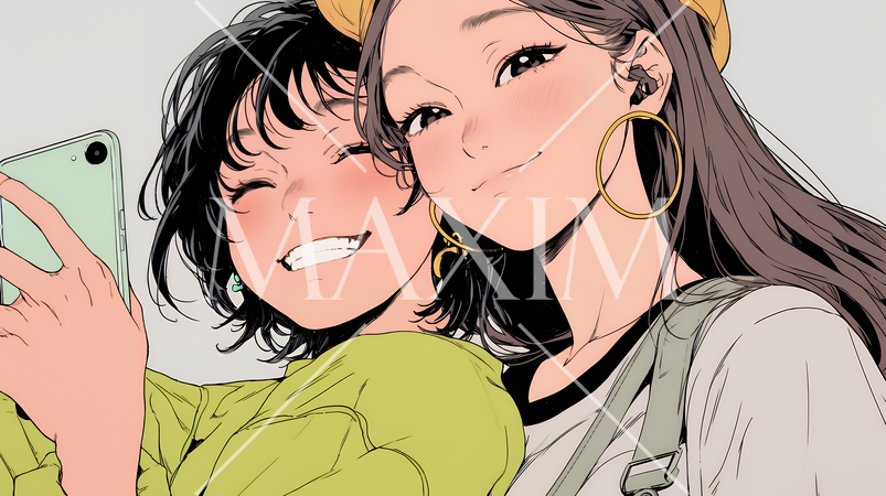 スマホで自撮りしている若い女友達